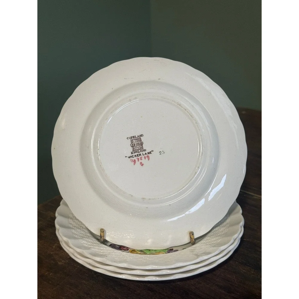 Four Copeland Spode Wicker Lane Floral Basketweave Scalloped Bread Plates